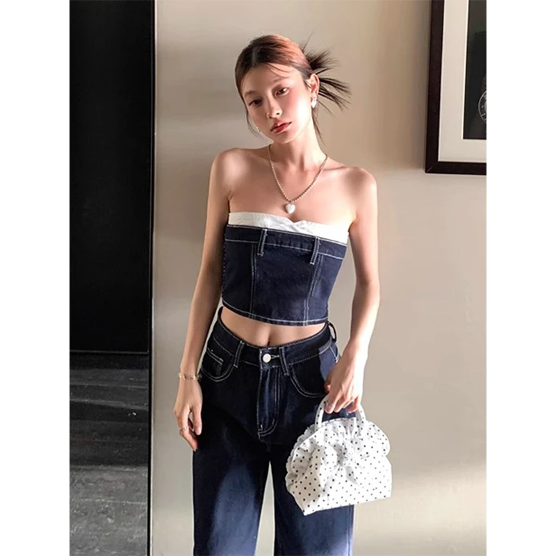 复古小众辣妹蓝色抹胸女夏日新款时尚穿搭高腰直筒牛仔长裤子套装
