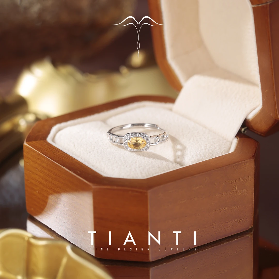 TIANTI/天缇甄嬛6X4天然黄水晶戒指S925银镀铂金色（银色）链条