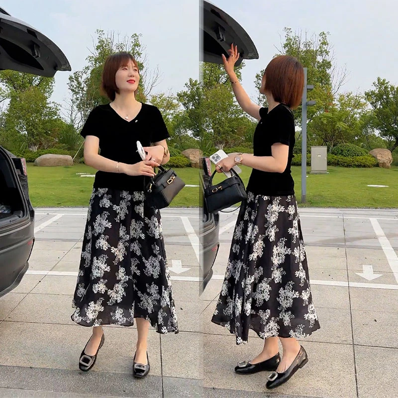 2025夏季轻熟风气质一整套v领设计感后背镂空短袖碎花半身裙套装