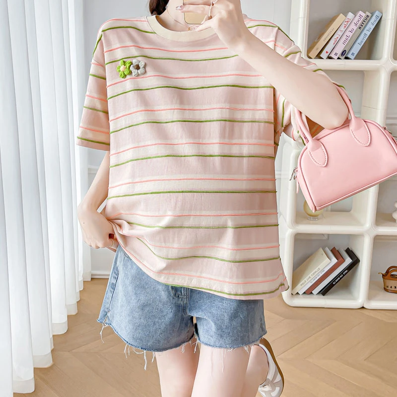 小个子孕妇T恤短袖夏季薄款韩版半袖宽松条纹时尚上衣遮肉孕妇装