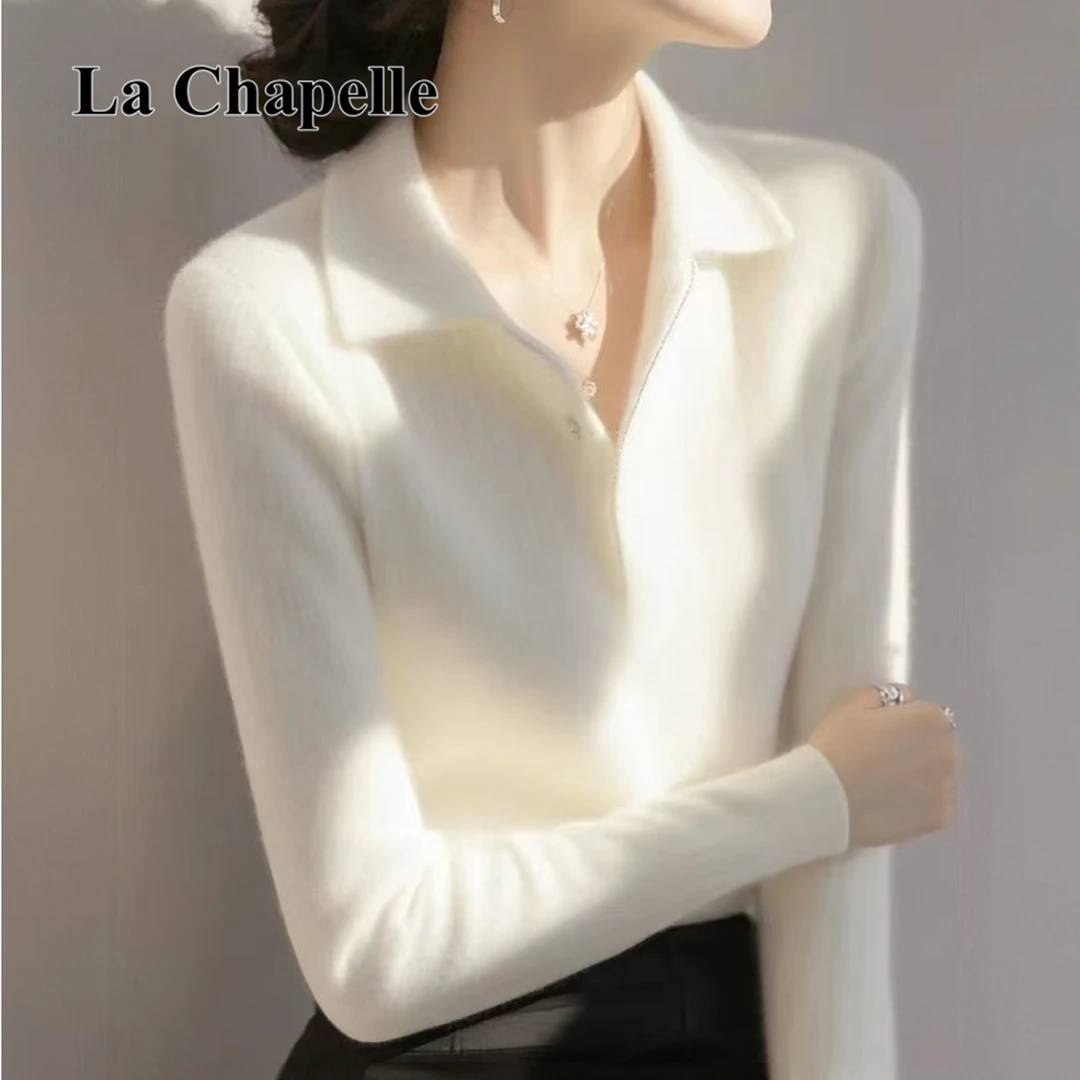 拉夏贝尔今年爆款白色翻领针织衫女装秋冬软糯慵懒风内搭打底上衣