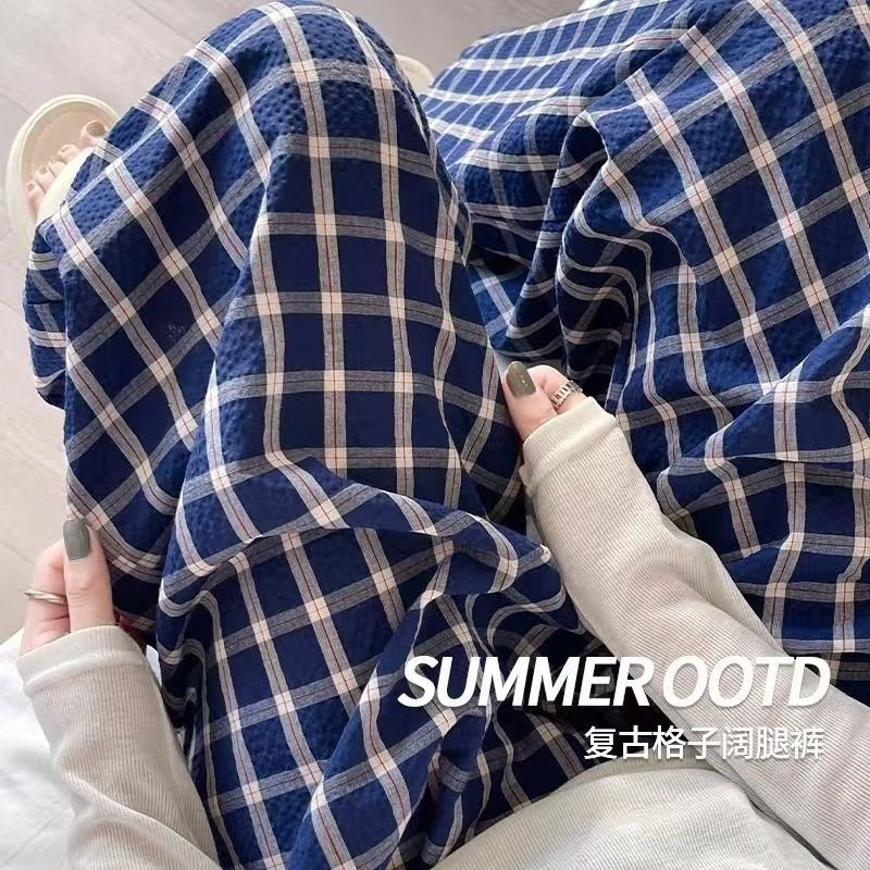 韩版复古格子睡裤女百搭春秋薄款居家居裤休闲裤阔腿可外穿长裤