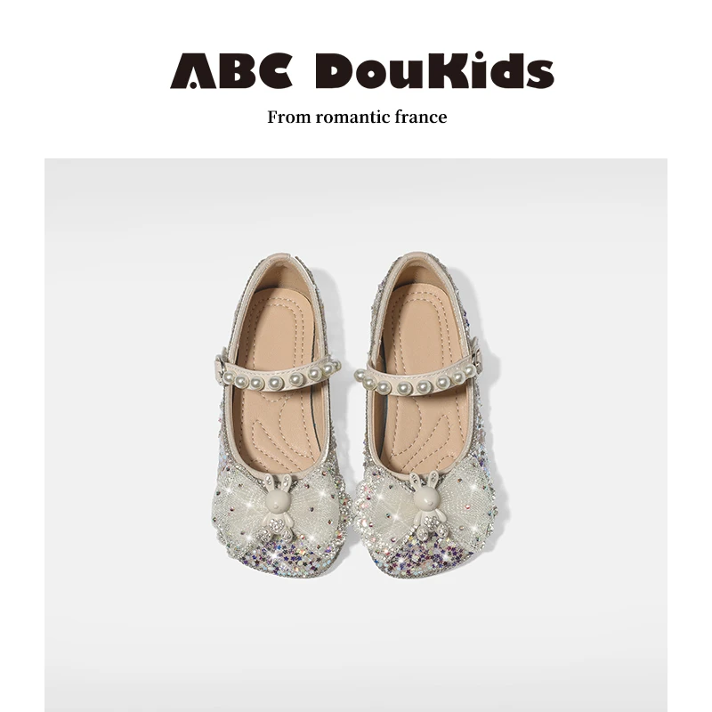 ABC Doukids女童公主鞋2025春季新款儿童水晶卡通珍珠软底皮鞋