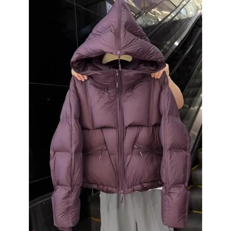 酱紫色短款连帽拉链棉服外套女冬季韩系小个子轻薄保暖面包服上衣