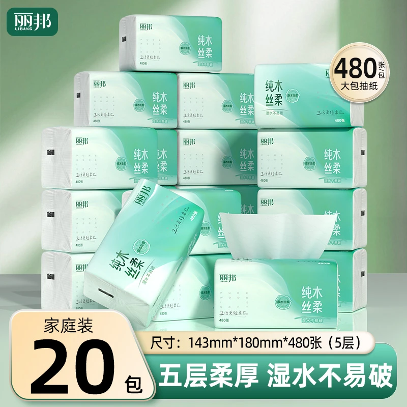 丽邦纯木丝柔原生木浆480张四边压花家用抽纸5层柔厚20大包C