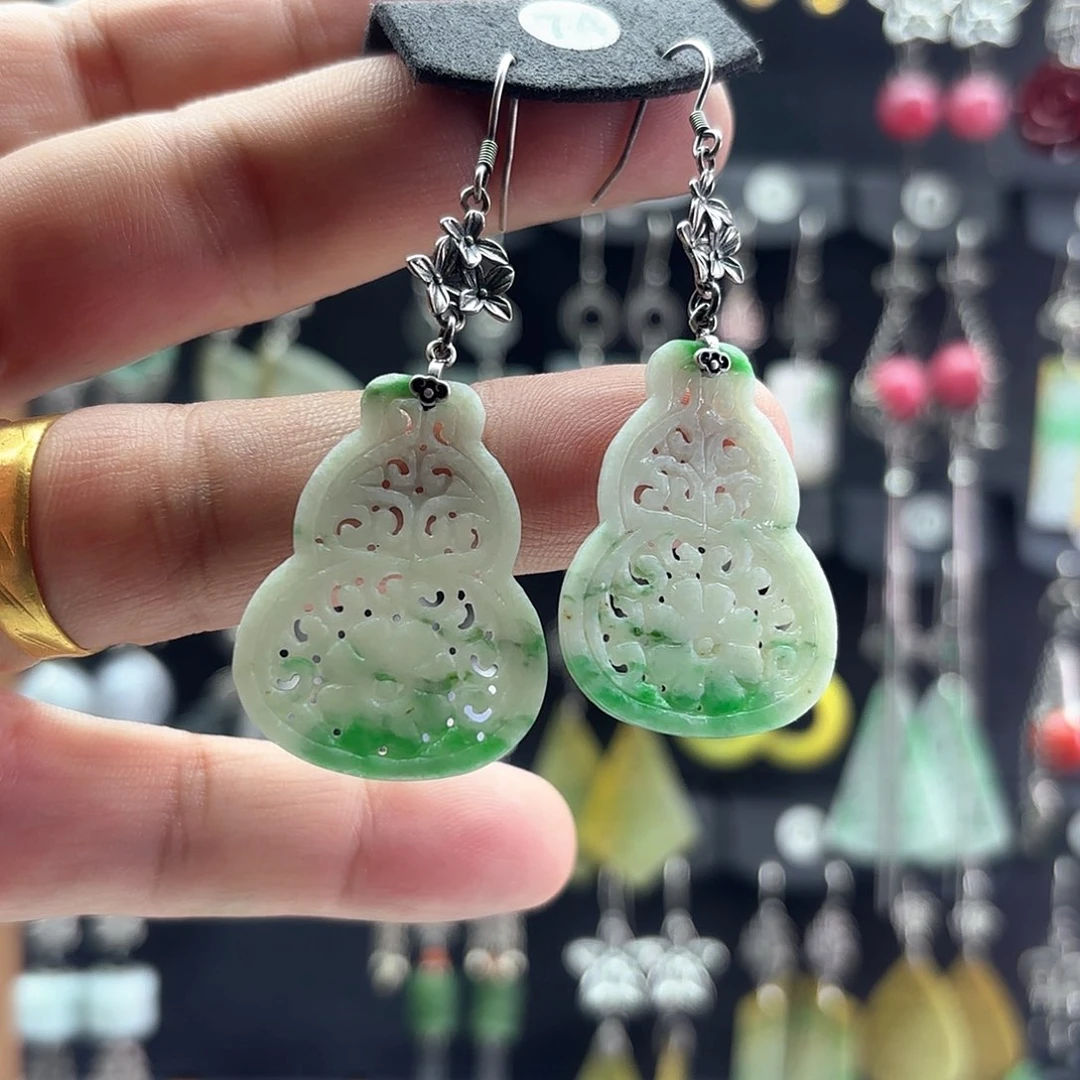 翡翠耳饰银S925镶嵌浅**夏