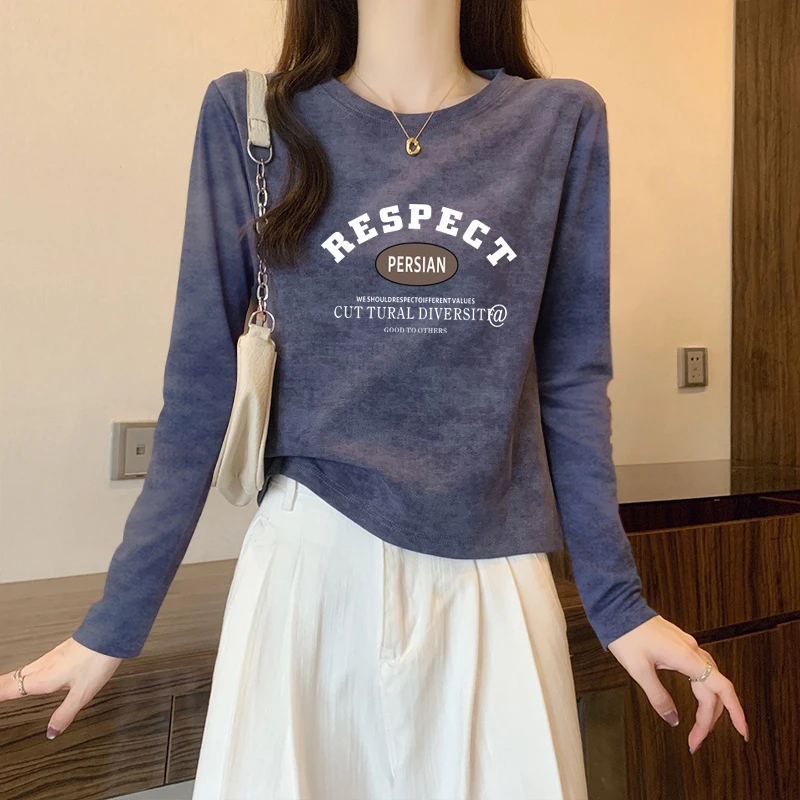 新款美式扎染设计感小众洋气纯棉正肩洋气打底衫上衣长袖t恤女潮