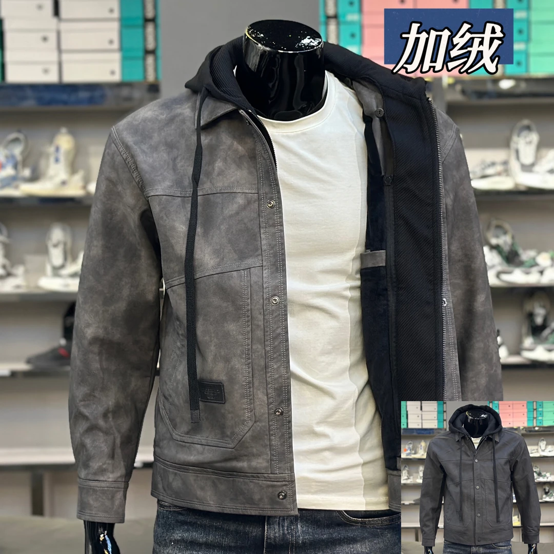 2025新款男士休闲皮衣连帽可拆卸修身暗扣时尚短款外套加绒上衣男