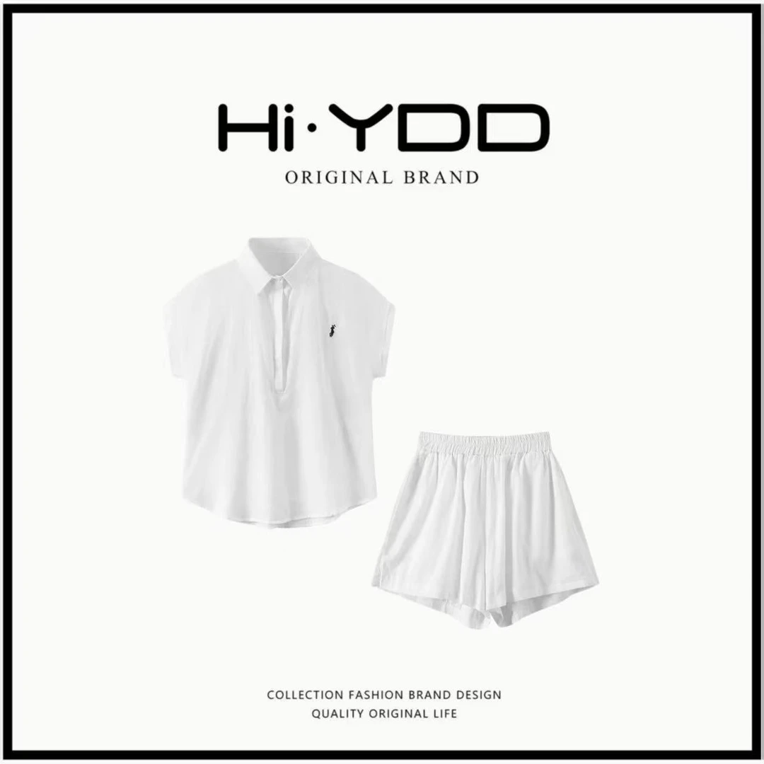 YDD•「老钱风」棉麻套装薄款刺绣套装宽松时尚百搭polo领上衣