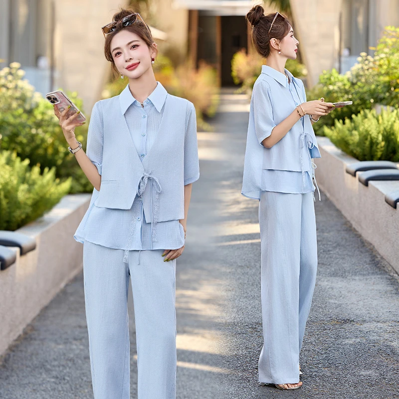 设计感假两件衬衫时尚套装女2025年夏季新款休闲气质阔腿裤两件套