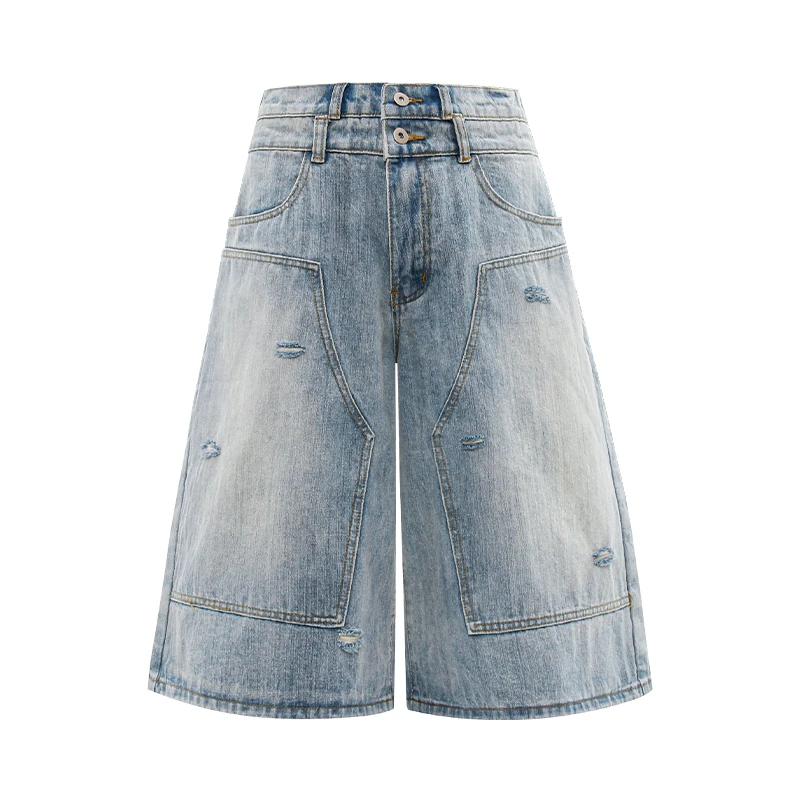 US5自制 短裤秋冬男款宽松牛仔裤七分裤破洞工装男生痞帅港风裤子