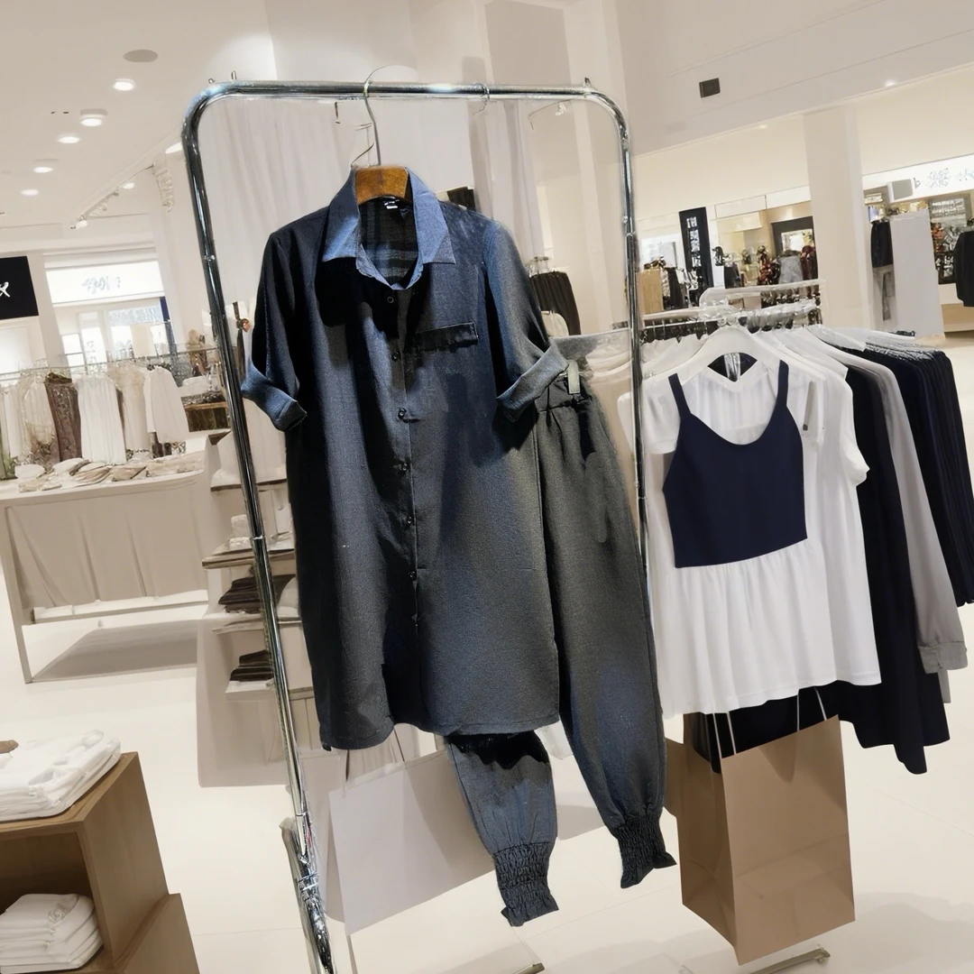 1219「暗夜行者」全黑中长款短袖衬衫➕束脚裤套装 俩件套