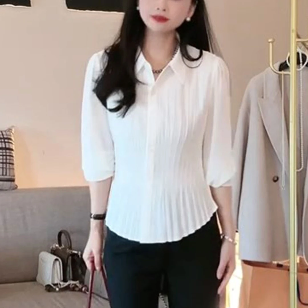 法式高级感轻职风纯色衬衫2025秋季新款收腰显瘦设计款压褶开衫女