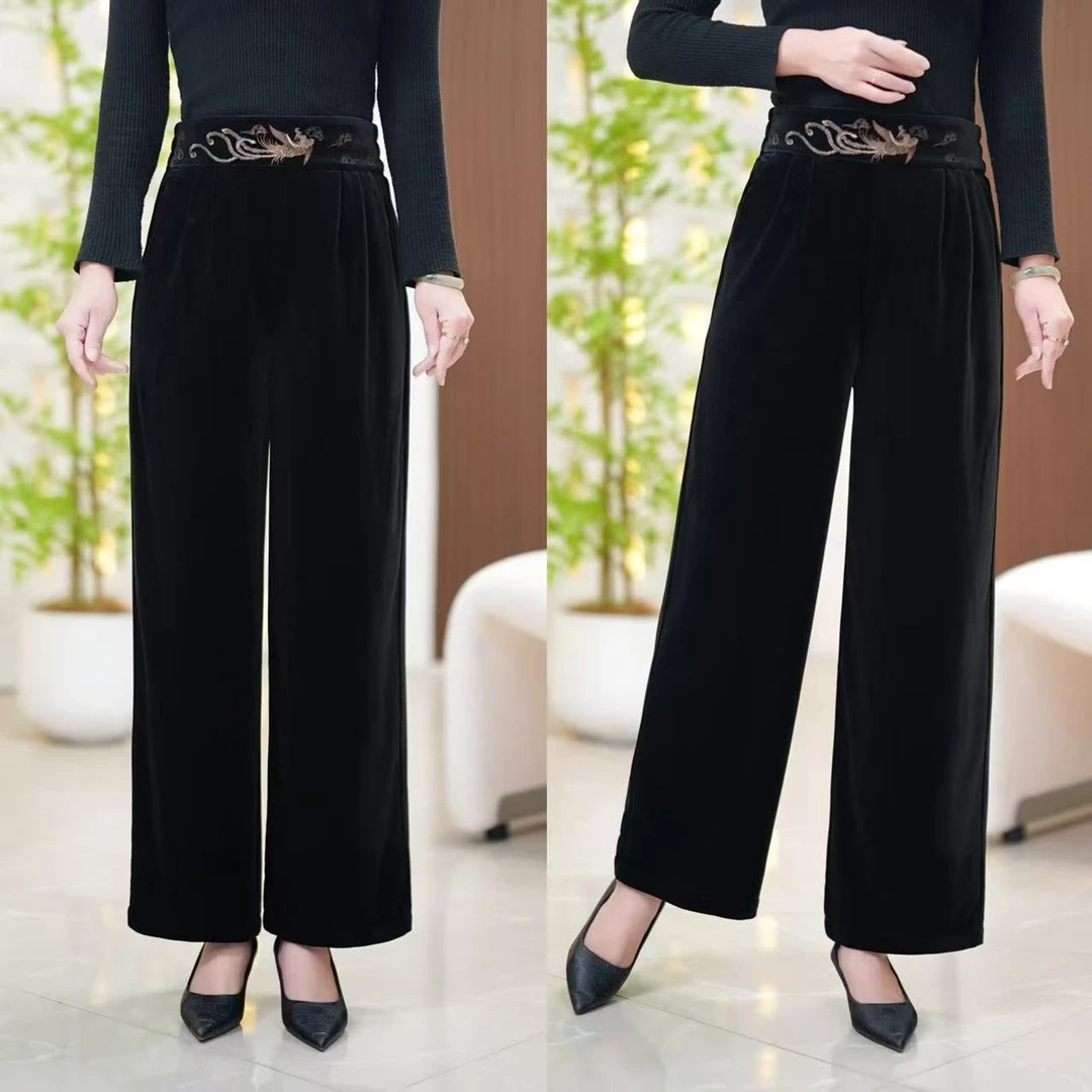 新款时尚刺绣丝绒裤