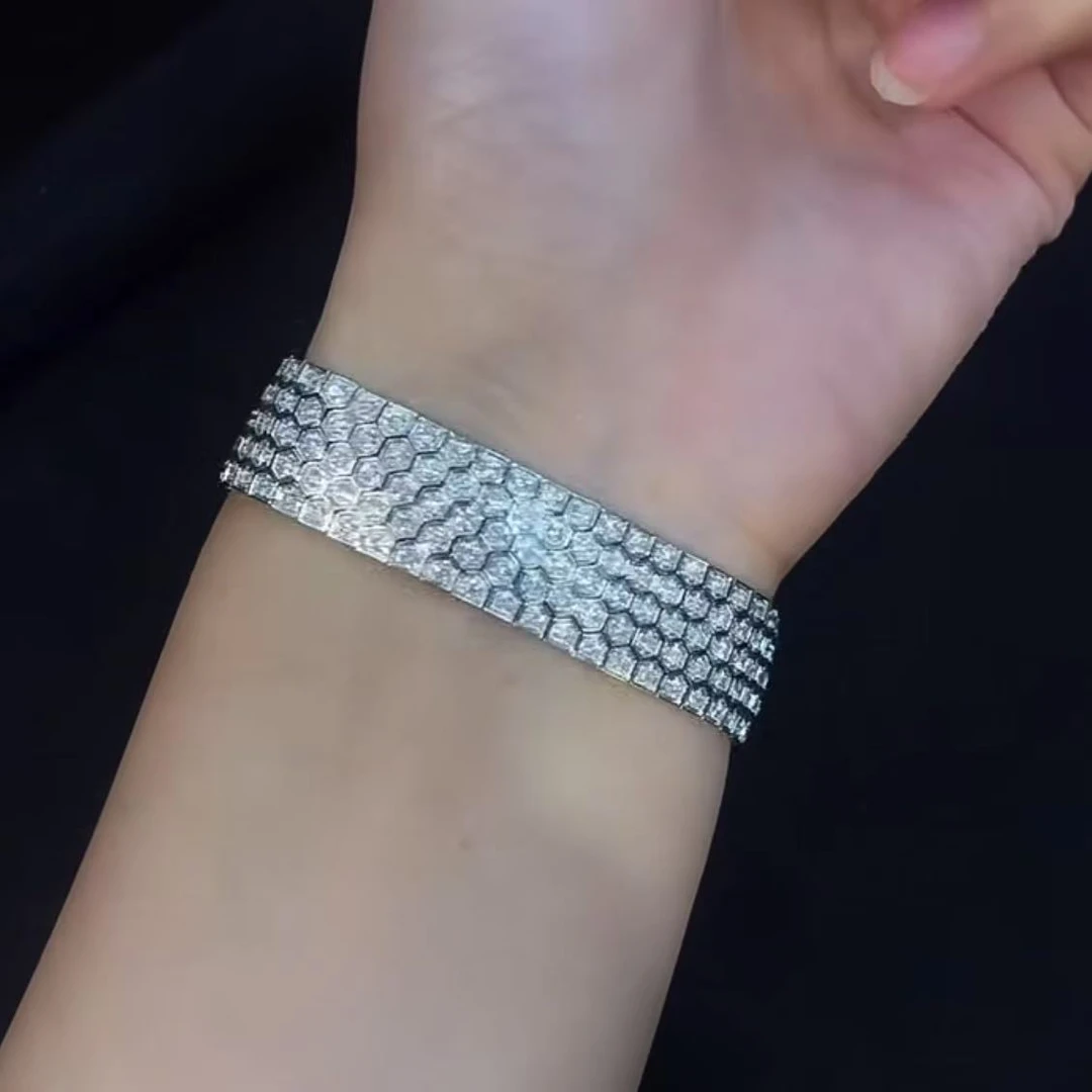 18k金重金版镶嵌天然钻石3.7克拉满钻瀑布表带手链TG