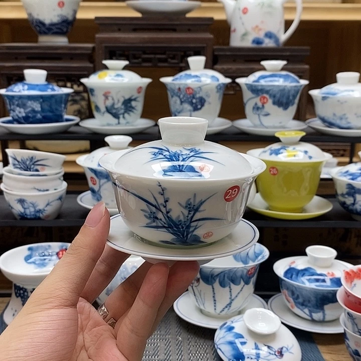 手绘兰花150盖碗釉下彩高温瓷微瑕福利款