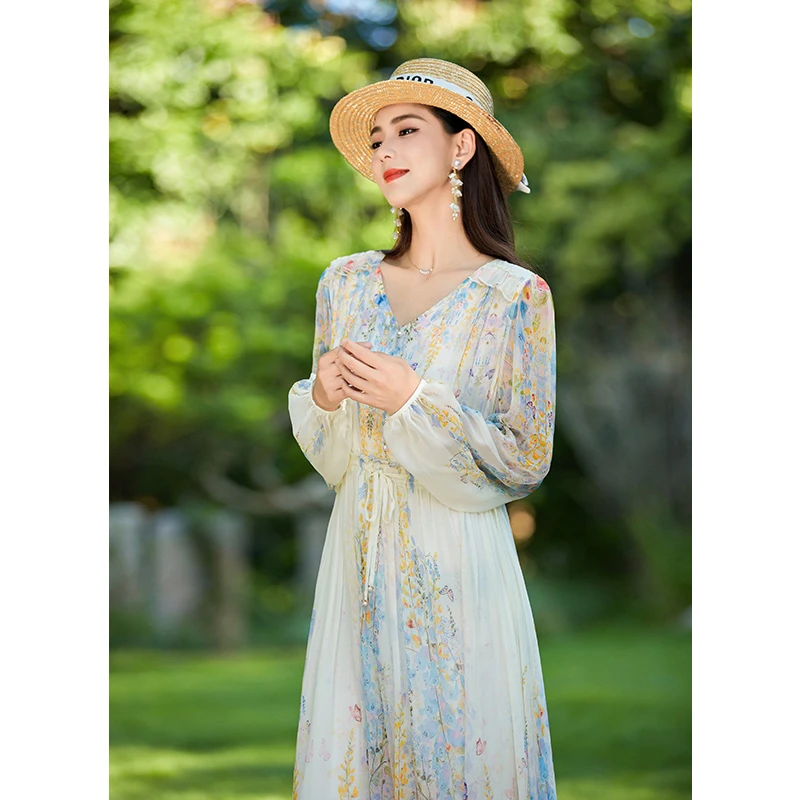 真丝连衣裙100%桑蚕丝长袖碎花女2025春季气质收腰法式长裙 F4504