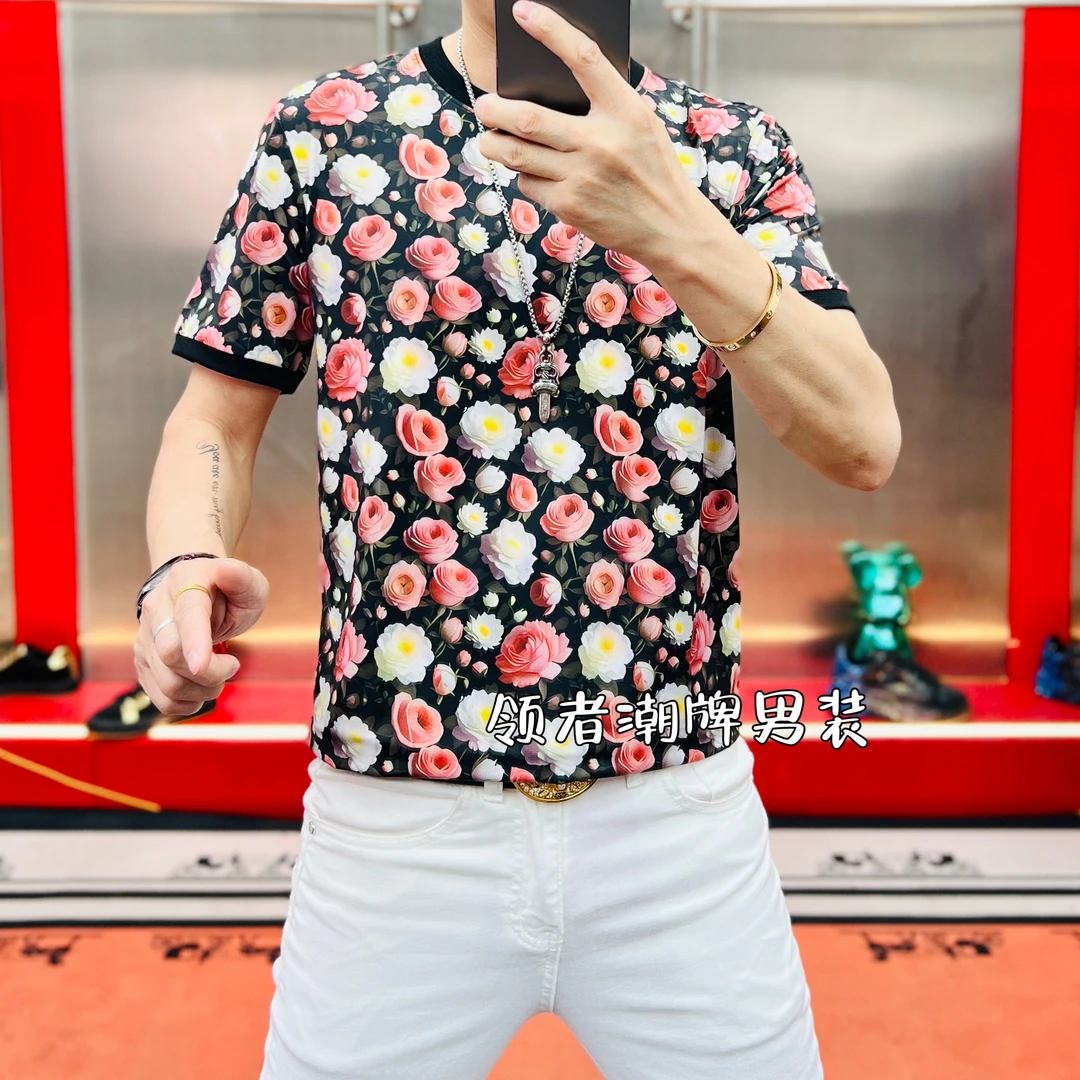 领者家2025男士夏季新款高品质时尚轻奢港风立体玫瑰冰丝短袖