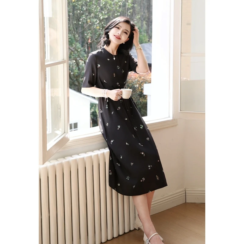 枫竺女装阿楠anan弹力双绉桑蚕丝圆领印花收腰系带女夏新款连衣裙