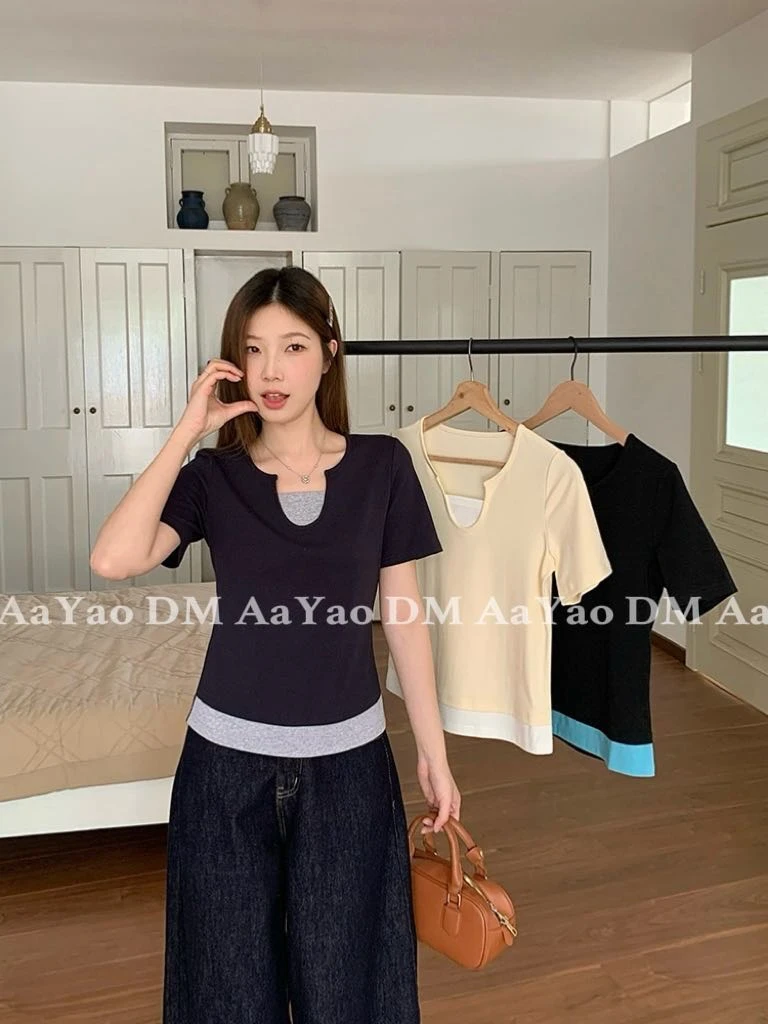 Aayao 2025 Summer 简简单单的&百搭拼接撞色系正肩短袖T恤33662