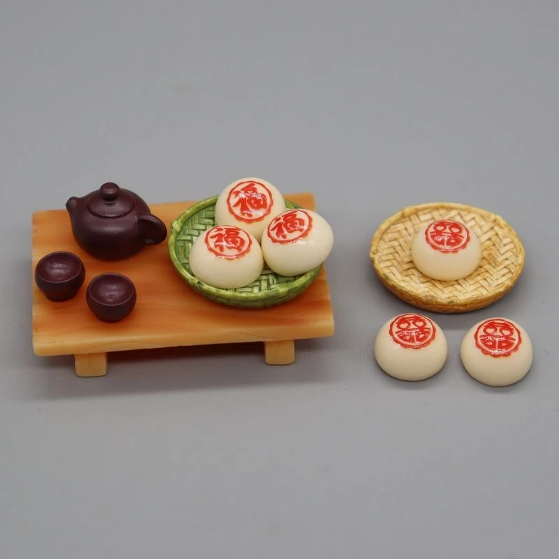 仿真迷你茶壶茶具模型微缩喜福馒头面包食玩糕点模仿竹篮盘小摆件