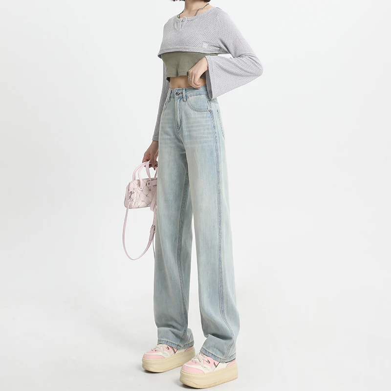 2025春夏新货宽松直筒阔腿裤月光蓝舒适挺阔春款百搭软牛仔裤显瘦
