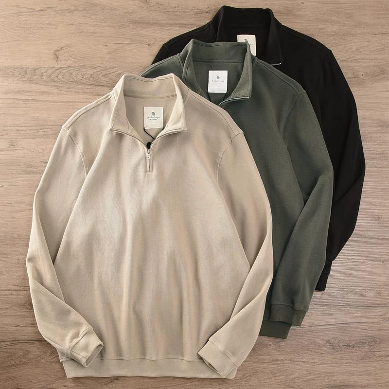 春秋半拉链立领外套重磅纯色运动针织长袖上衣宽松半高领卫衣男潮