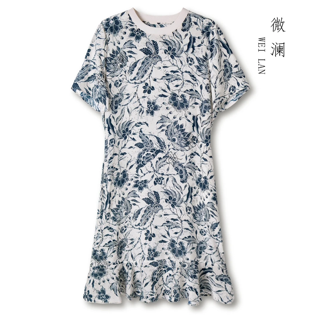 微澜【浮生若梦】夏季04双绉100%桑蚕丝碎花休闲圆领连衣裙2025-061