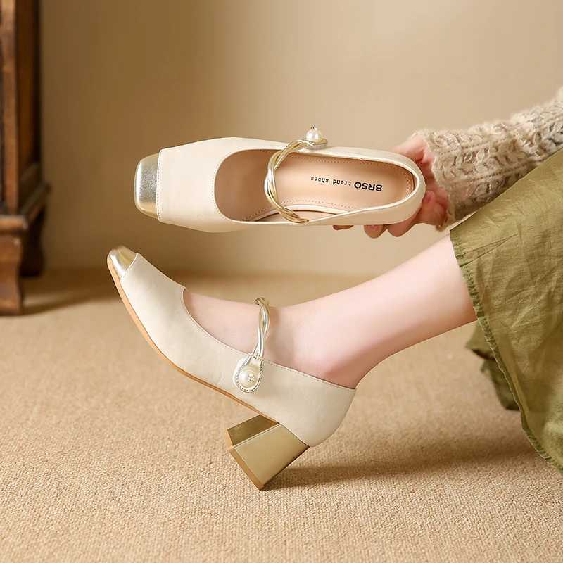 春季方头增高方根高跟鞋温柔玛丽珍鞋软底粗跟一字带舒适通勤单鞋