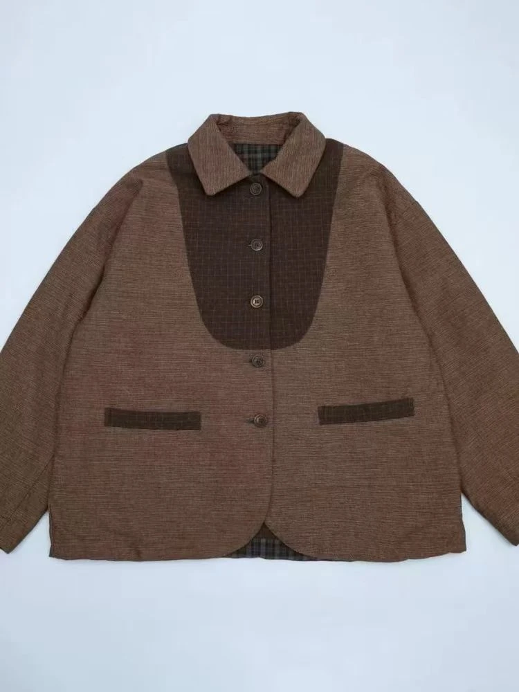 垒土0586金红咖条手工感 复古短棉服