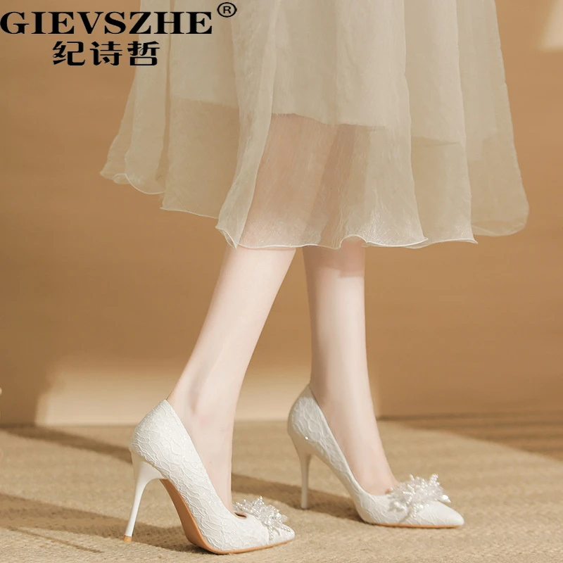 GIEVSZHE纪诗哲法式白色高跟鞋女款细跟尖头水晶鞋女气质新娘婚鞋