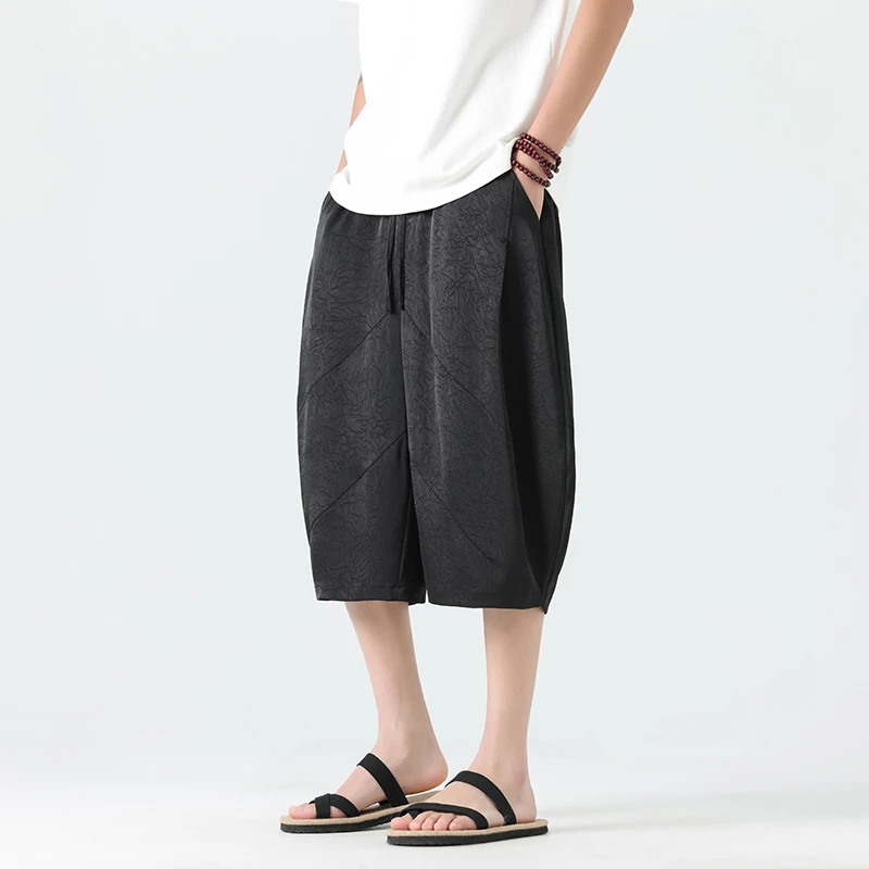 夏季中国风男士冰丝短裤褶皱大码阔腿裤宽松薄款透气新中式七分裤