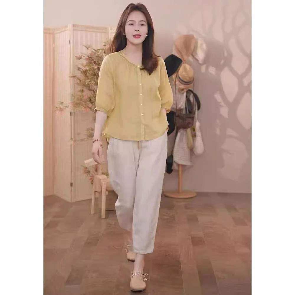 夏装搭配一整套盐系轻熟高级感微胖显瘦亚麻上衣裤子两件套休闲风
