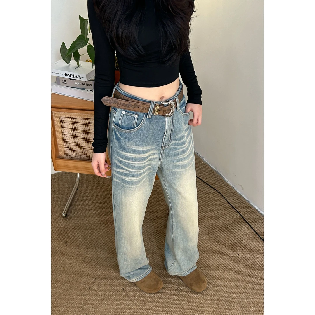 秋冬牛仔裤必备神裤宽松直筒做旧设计女复古加绒中腰显瘦显腿长潮