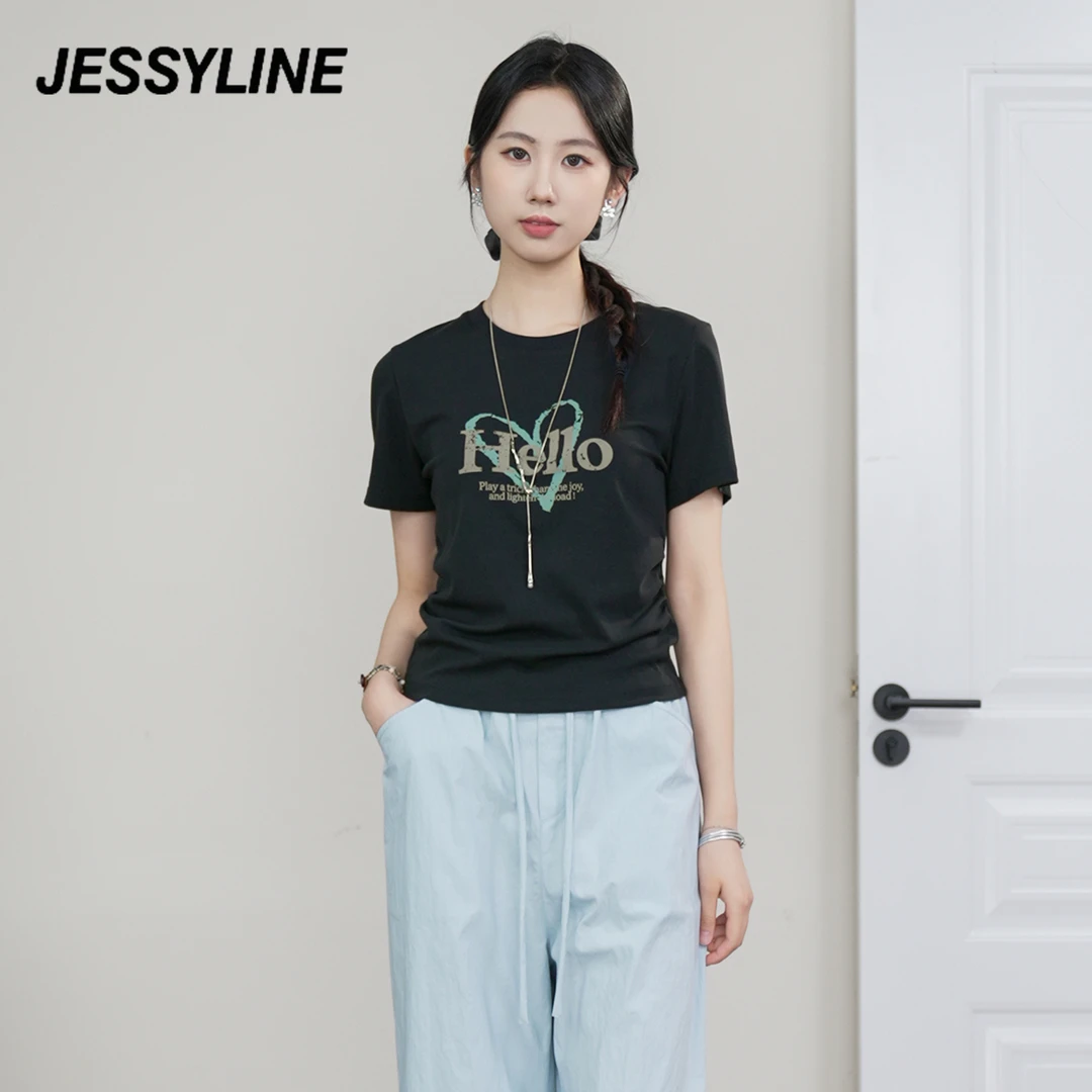 jessyline 2025夏季新款 杰西莱圆领短袖T恤女简约百搭显瘦