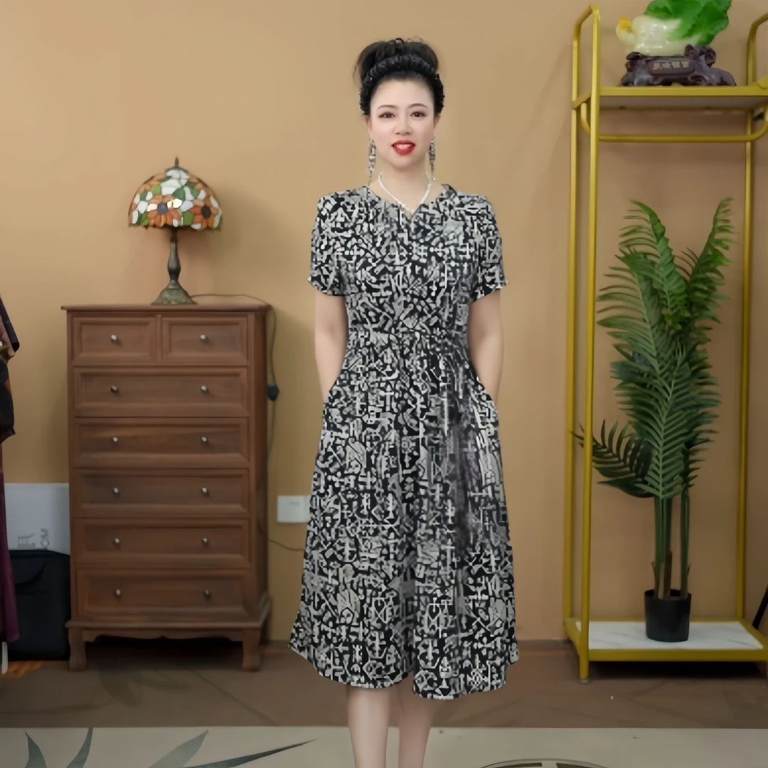 52260  极简风短袖夏季印花连衣裙显瘦时尚中长款气质花色