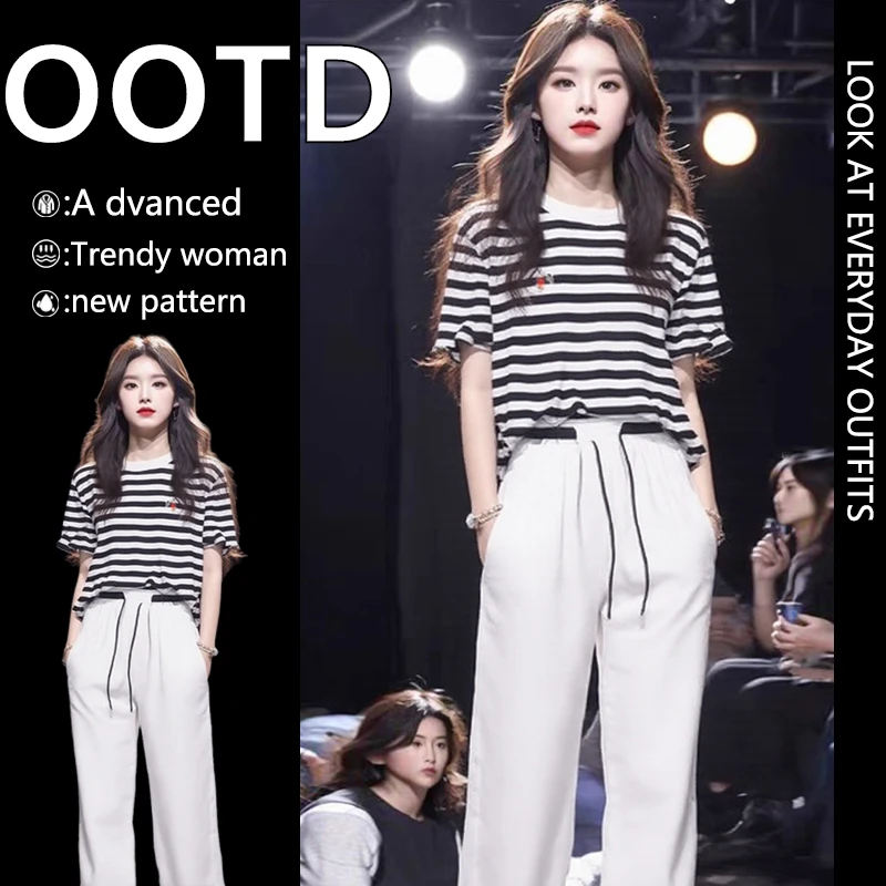 时尚套装女2025新款欧货复古休闲减龄条纹圆领T恤夏装搭配一整套