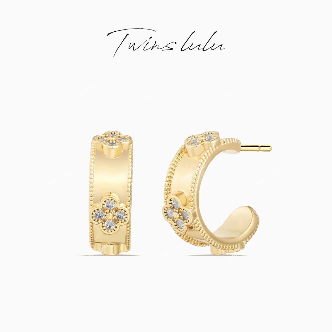 铜合金合成锆石耳饰 TWINSLULU 镀k金 经典冷淡风四叶耳环TSL1100
