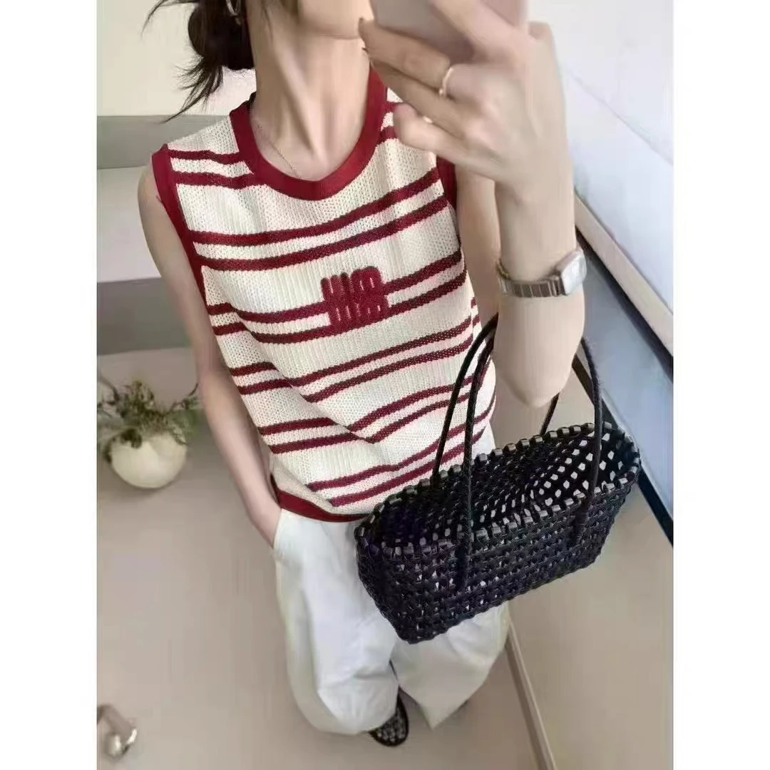 夏季条纹针织吊带背心女夏薄款2025新款外穿巨好看无袖上衣女5272