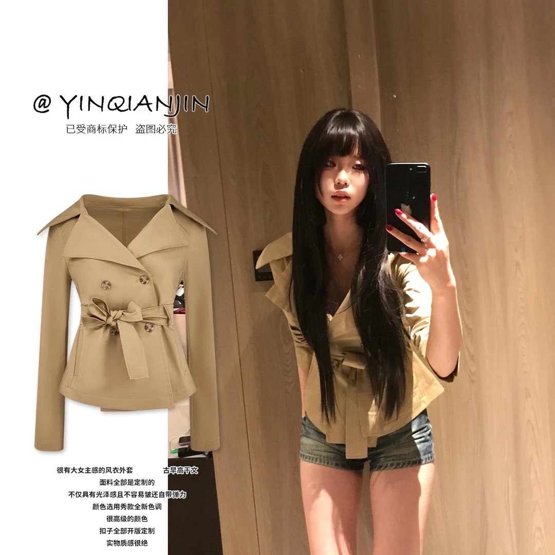 尹千金*【小说古早女主】高干女主翻领设计收腰版型短款风衣W255182