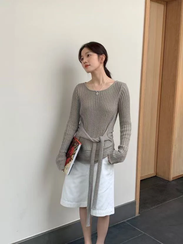 lovely@m2908 韩系时尚气质设计感坑条绑带针织衫 4-15