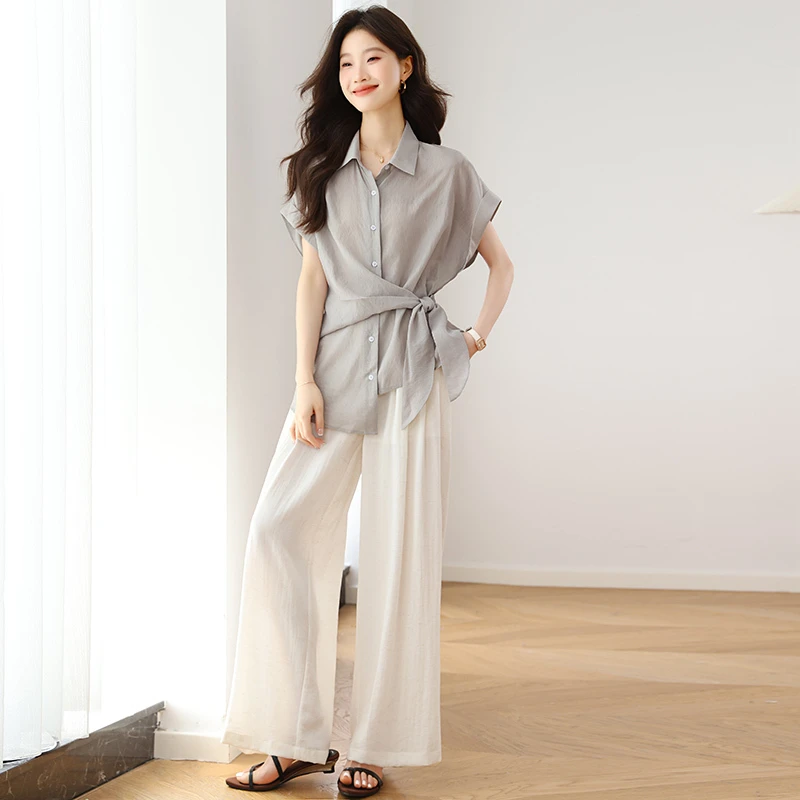 时尚高级感套装女2025夏新款宽松休闲中国风短袖衬衫阔腿裤两件套