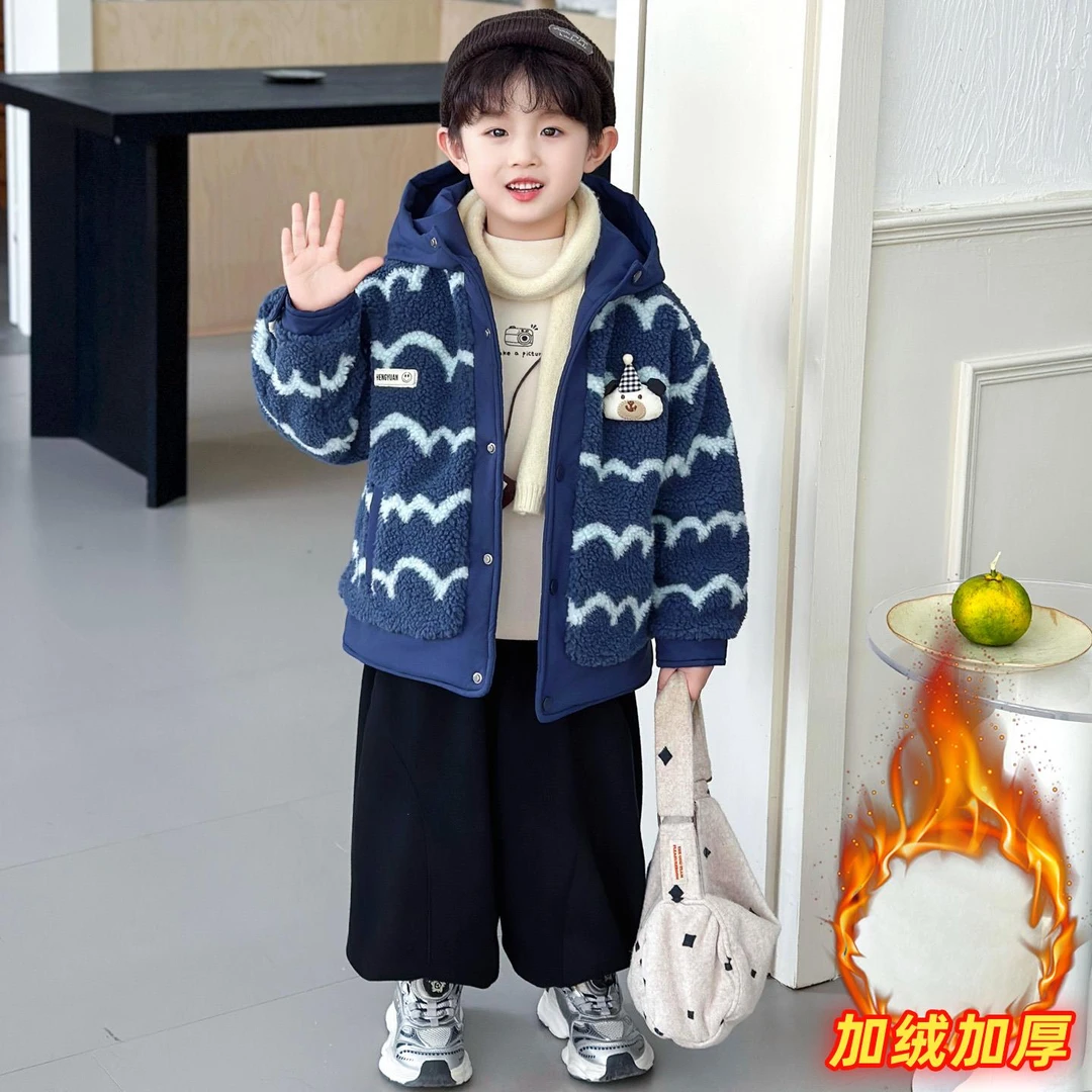 男童摇粒绒外套秋冬装2025新款儿童加绒加厚毛毛衣男宝宝冬季棉衣