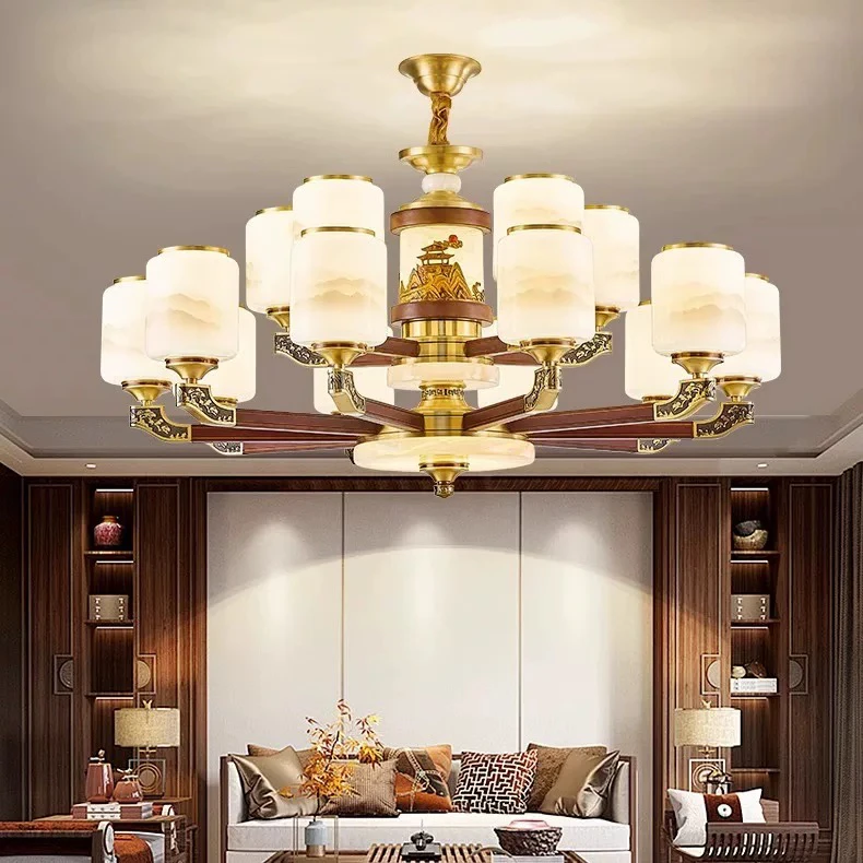 新中式客厅吊灯玉石全铜实木高端大气别墅自建房大吊灯