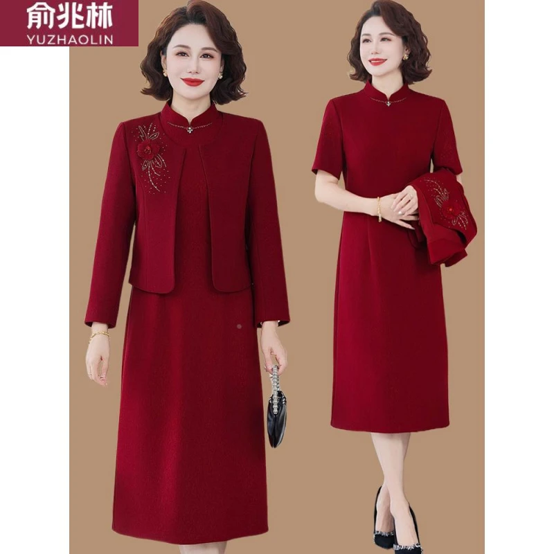 喜婆婆婚宴装妈妈春秋连衣裙两件套中老年女红色高贵结婚旗袍裙子