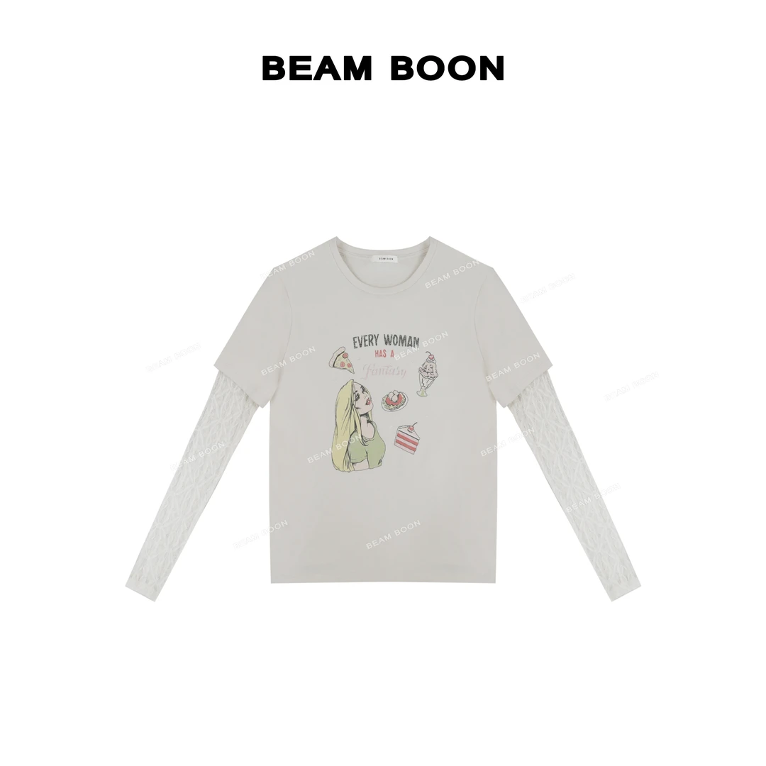 Beam Boon|【甜品小仙女】趣味印花轻盈赛络纺精梳蕾丝拼接长袖上衣