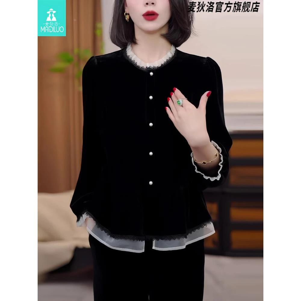 法式假两件衬衫女士2025秋季新款气质休闲显瘦黑色丝绒打底衫上衣