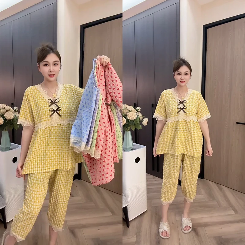 2025短袖家居服甜美时尚春夏新款韩版V领蕾丝花边大码宽松睡衣