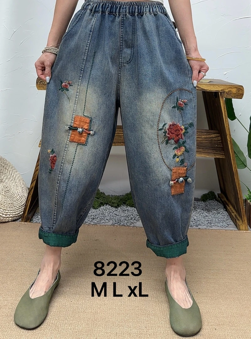 新款8223小花贴布盘扣刺绣薄款牛仔裤哈伦八分春夏时尚高腰百搭
