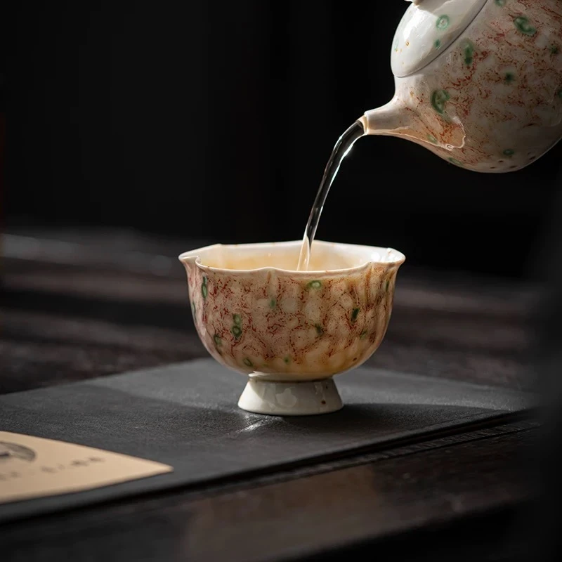 松石红复古花口高脚主人杯纯手工手绘中式陶瓷茶具家用高端茶杯